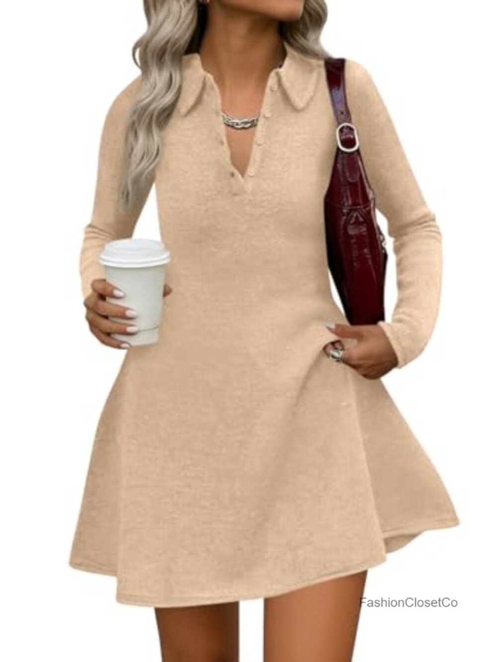 Women's Long Sleeve Knit Sweater Dress V-Neck Button Front A-Line